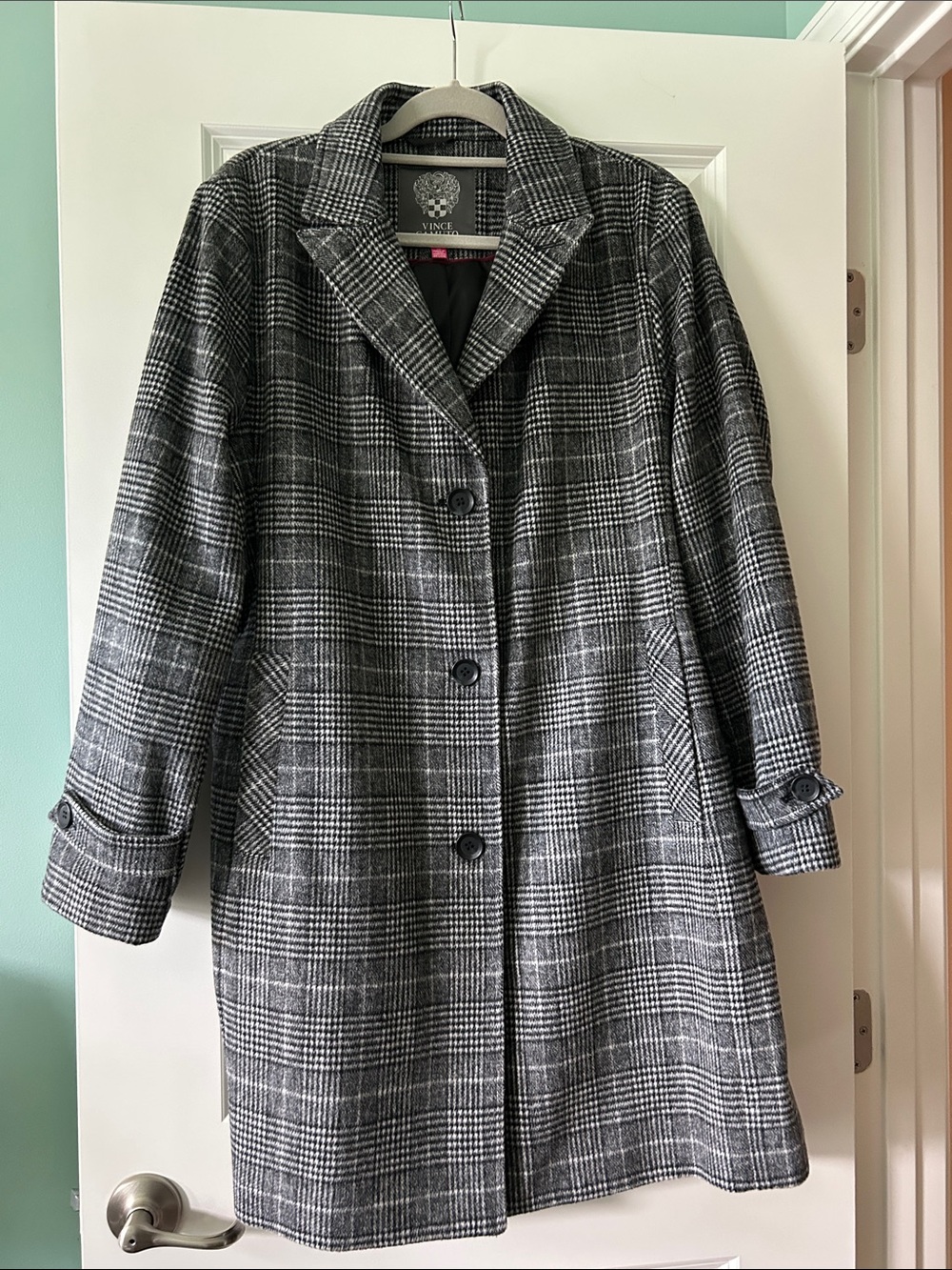 Vince Camuto Black and White Glen Plaid Pea Coat